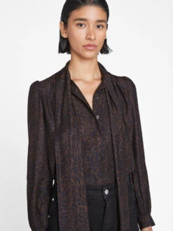 Femme Tie Neck Blouse -- Espresso Multi -Elegant Wear Store F23SBL02 ESPRESSO MULTI 1568