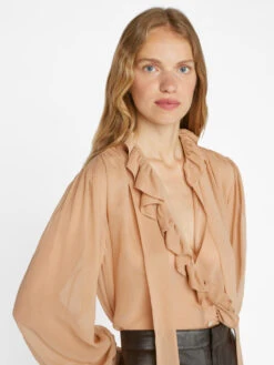 Ruffle Front Button Up Shirt -- Blush -Elegant Wear Store F23SBL03 BLUSH 0828