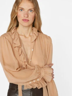 Ruffle Front Button Up Shirt -- Blush