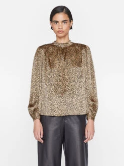 Shirred Mock Neck Blouse -- Beige Multi -Elegant Wear Store F23SBL06 BEIGE MULTI 0890