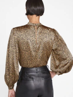 Shirred Mock Neck Blouse -- Beige Multi -Elegant Wear Store F23SBL06 BEIGE MULTI 0926