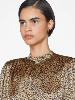 Shirred Mock Neck Blouse -- Beige Multi -Elegant Wear Store F23SBL06 BEIGE MULTI 0928