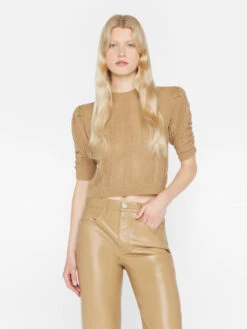 Pointelle Cashmere Ruched Sweater -- Light Camel