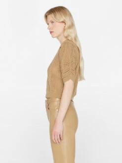 Pointelle Cashmere Ruched Sweater -- Light Camel -Elegant Wear Store LWSW1821 LIGHT CAMEL 0899