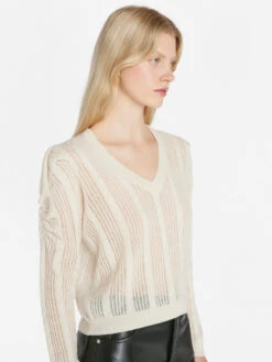 Pointelle Cashmere Ruched Sweater -- Off White -Elegant Wear Store LWSW1822 OFF WHITE 1023