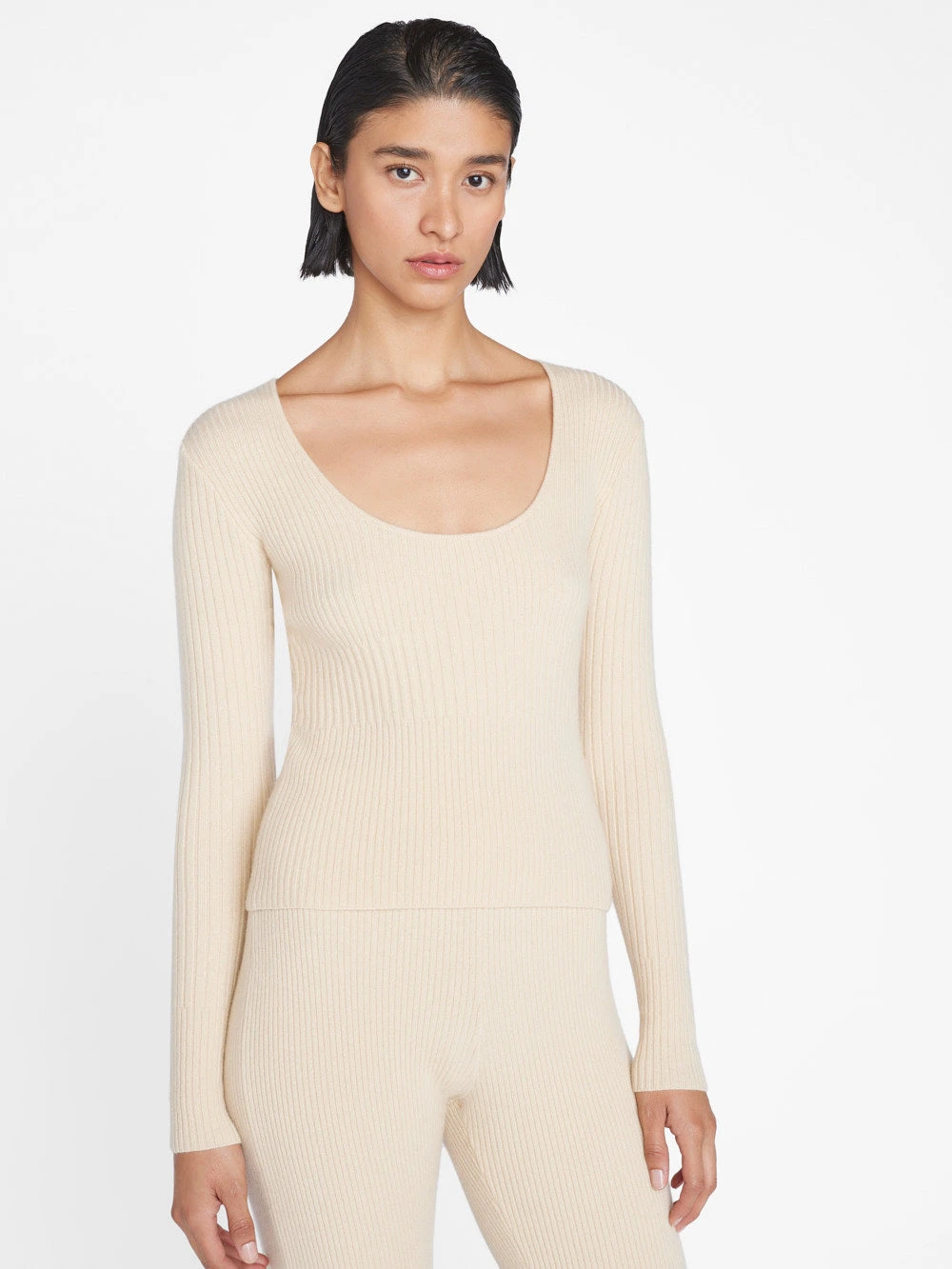 Ribbed Cashmere U-Neck Sweater -- Light Tan 3 Ribbed Cashmere U-Neck Sweater -- Light Tan