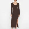 Ribbed Cashmere U-Neck Dress -- Espresso -Elegant Wear Store LWSW1839 ESPRESSO 1274