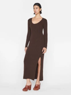 Ribbed Cashmere U-Neck Dress -- Espresso 15 Ribbed Cashmere U-Neck Dress -- Espresso -Elegant Wear Store LWSW1839 ESPRESSO 1278
