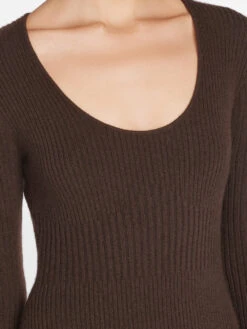 Ribbed Cashmere U-Neck Dress -- Espresso 14 Ribbed Cashmere U-Neck Dress -- Espresso -Elegant Wear Store LWSW1839 ESPRESSO 1295