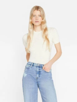 Smocked Short Sleeve Sweater -- Blanc