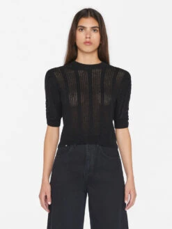 Pointelle Cashmere Ruched Short Sleeve Sweater -- Noir -Elegant Wear Store LWSW1860 NOIR 0996