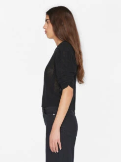 Pointelle Cashmere Ruched Short Sleeve Sweater -- Noir -Elegant Wear Store LWSW1860 NOIR 0999