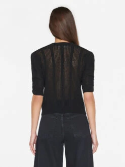 Pointelle Cashmere Ruched Short Sleeve Sweater -- Noir -Elegant Wear Store LWSW1860 NOIR 1007