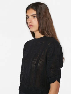 Pointelle Cashmere Ruched Short Sleeve Sweater -- Noir -Elegant Wear Store LWSW1860 NOIR 1014