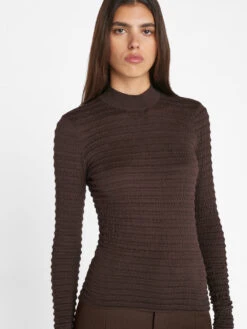 Smocked Mockneck Sweater -- Espresso -Elegant Wear Store LWSW1875 ESPRESSO 0579