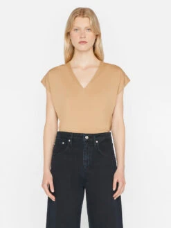 Le Mid Rise V-Neck Tee -- Light Camel -Elegant Wear Store LWTS0826 LIGHT CAMEL 0713