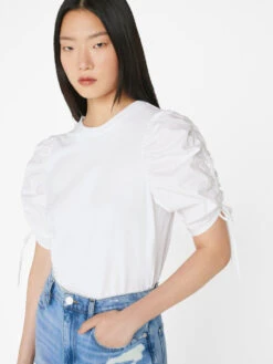 Ruched Tie Sleeve Tee -- Blanc -Elegant Wear Store LWTS2027 BLANC FRSU23EC II WOMENS DAY 01 0806HR