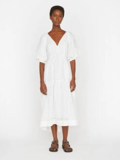 V-Neck Puff Sleeve Maxi Dress -- Blanc